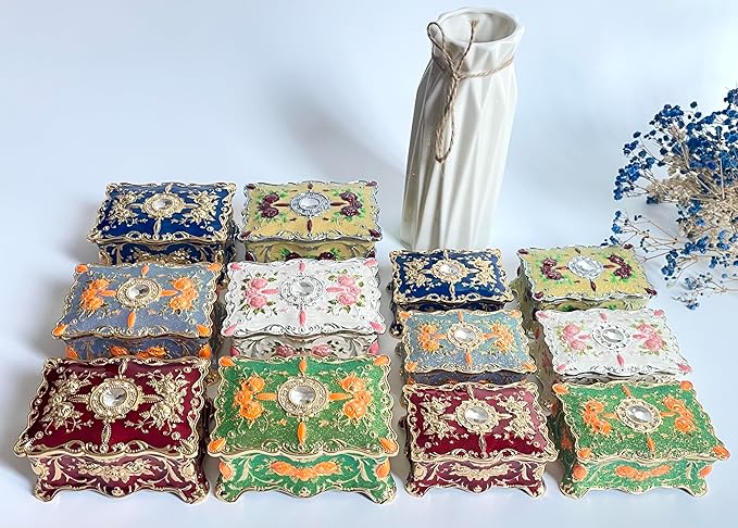 Truewon Jewelry Chest Rose Pastoral Style Metal Box Trinket Vintage Trinket Gemstone Storage Tray Treasure Souvenir Gift Case for Girls Women (Golden Starshine Green, Medium)