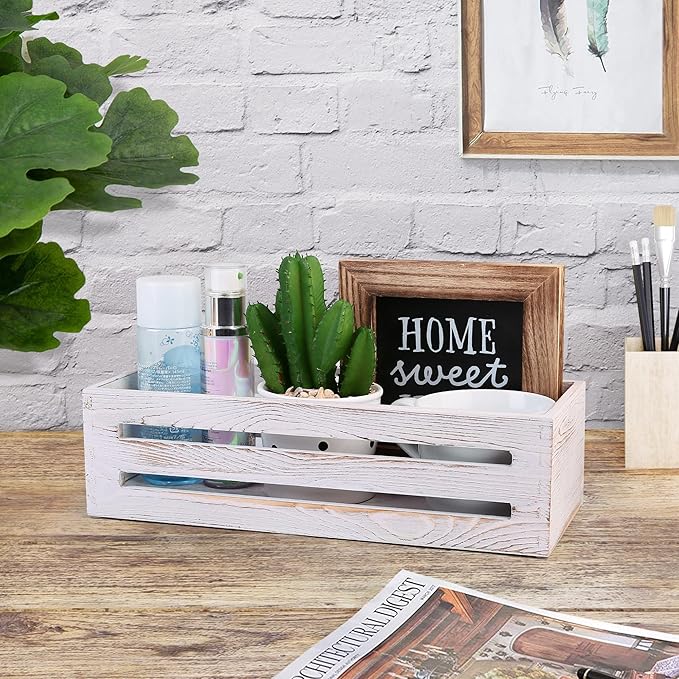 LotFancy Bathroom Decor Box, 2 Pack Wooden Toilet Paper Holder, White Toilet Storage Basket for Back of Toilet, Farmhouse Toilet Tank Topper