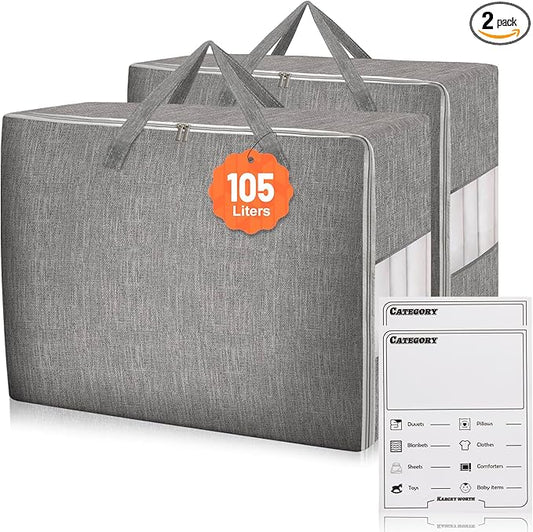 2 Pack 105L Comforter Storage Bags, Extra Large Bedding Storage Bags with Category Card and Clear Window, Reinforced Handles & Zippers, Foldable Closet Organizers for Blanket Pillow