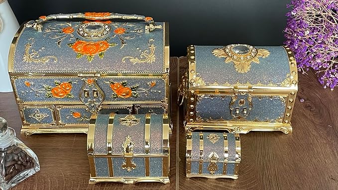 Retro Jewelry Box Arched Vintage Rectangular Metal Chest Necklace Ring Earrings Storage Case for Women Girls (Golden Starlight Blue-purple, S)