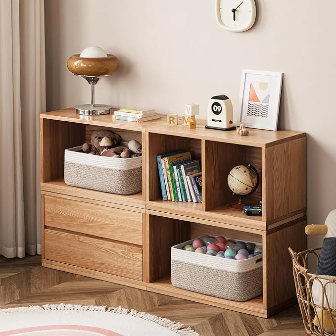 UBBCARE 2 Pack Large Woven Storage Baskets for Organizing, Clothes/Towel/Sweater Organizer for Closet, Storage Baskets Bins for Shelves, Blanket Basket, 17''Lx13''Wx7.5''H, Light Brown/White