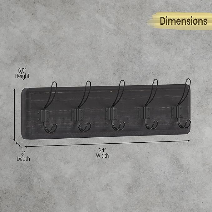 HBCY Creations Blackwash Solid Wood Wall Mounted Coat Rack with Shelf, 5 Hooks, 24" Long - Kitchen, Mudroom, Entryway, Bathroom - Includes Mounting Hardware, Coat Hanger, Dog Leash Hooks, Towel Rack