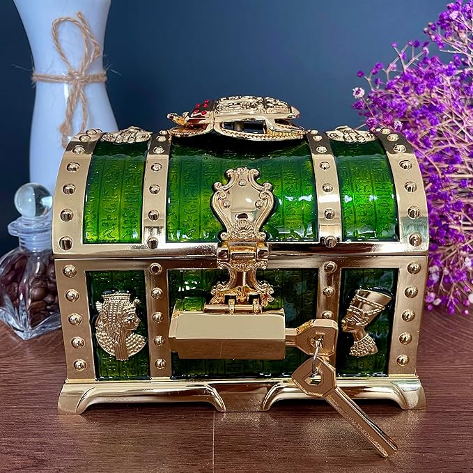 Retro Jewelry Box Arched Vintage Rectangular Metal Chest Necklace Ring Earrings Storage Case for Women Girls (Golden Transparent Green, L Lock)