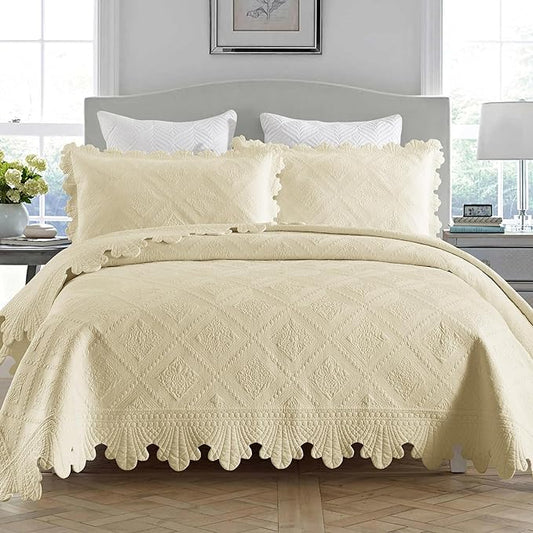 MarCielo 3-Piece 100% Cotton Oversized Bedspread Lightweight Quilt Coverlet Embroidery Farmhouse Bedding Set (Tk Beige Khaki, Oversized Queen (100"x106"))
