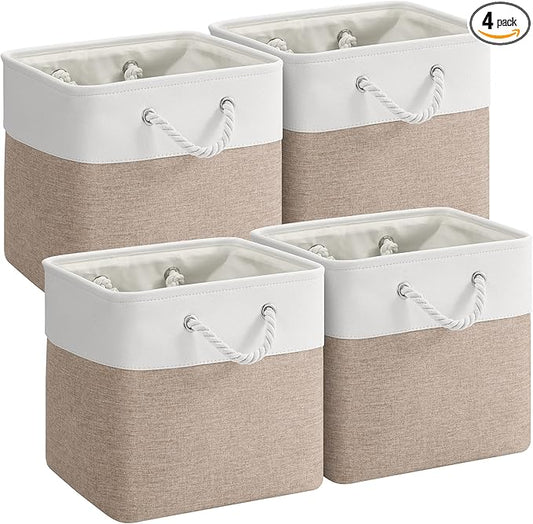 12 x 12 Inch Cube Storage Bins, 4 Pack Fabric Storage Basket with Handles, Foldable Boxes Organizer for Shelf Baskets for Home, Clothes, Toys (White/Khaki)