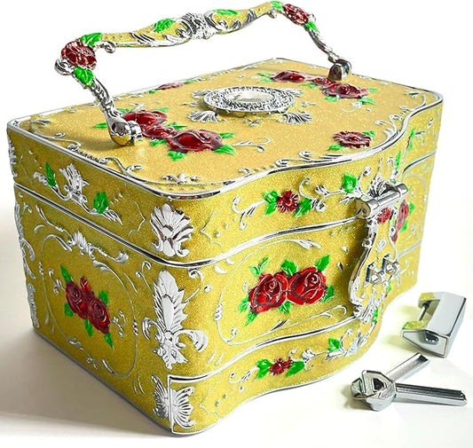 Truewon Jewelry Chest Rose Pastoral Style Metal Box Trinket Vintage Trinket Gemstone Storage Tray Treasure Souvenir Gift Case for Girls Women (Chrome Starshine Yellow, Double Extra Large Hand-held)