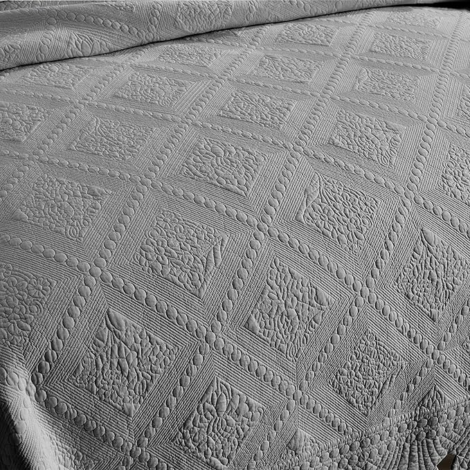 MarCielo 3-Piece 100% Cotton Oversized Bedspread Lightweight Quilt Coverlet Embroidery Farmhouse Bedding Set (Tk Light Grey, Oversized King (118"x106"))