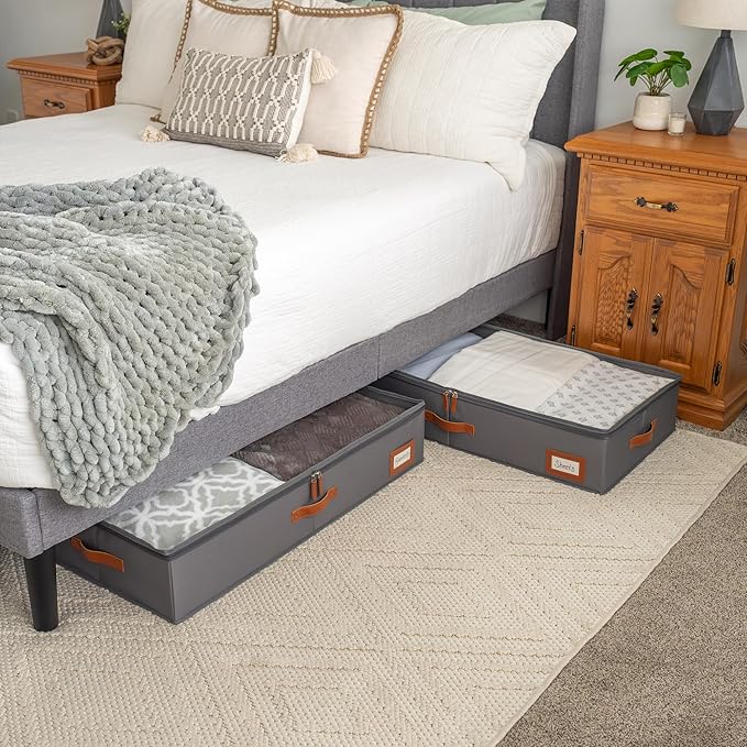 OrganiHaus Under Bed Storage Containers, Bedroom Storage and Organization Bins, Clothes Organizer for Closet with Clear Cover and Reinforced Handles - Set of 2 33x17x6 inches Gray