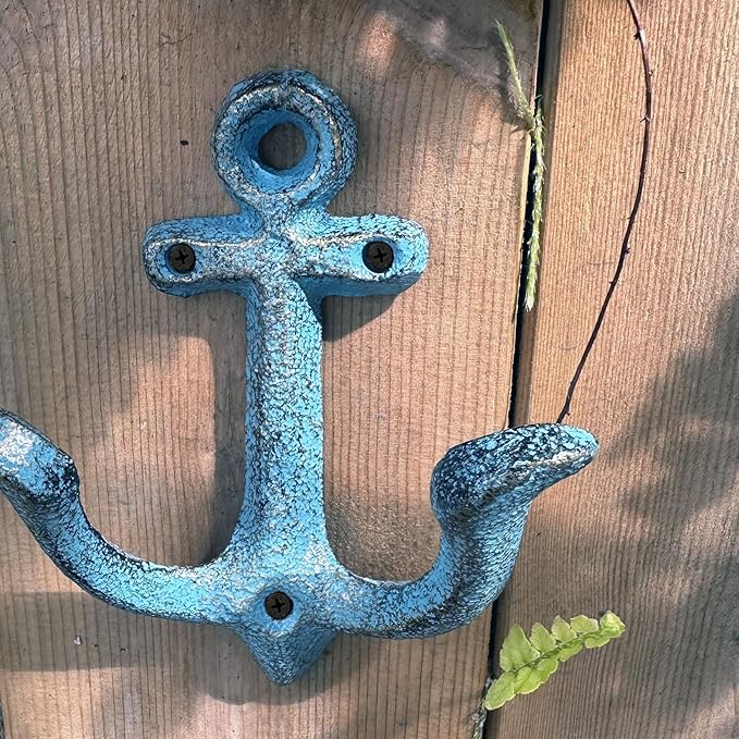 KiaoTime (Blue) Vintage Rustic Cast Iron Nautical Anchor Design Wall Hooks Coat Hooks Rack, Decorative Wall Mounted Antique Shabby Chic Metal Home Bathroom Towel Coat Hooks Hanger