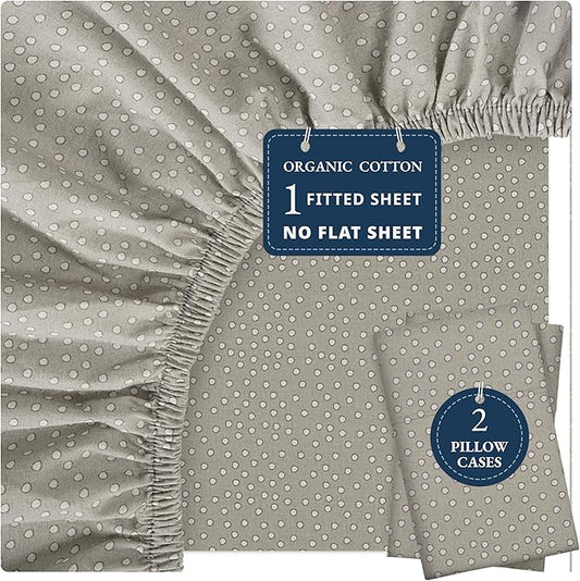 LANE LINEN Fitted Sheet Full Size, 100% Organic Cotton, 3-Piece Set (1 Fitted Sheet, 2 Pillowcases) Percale Weave, Breathable, Fits Mattress Upto 15" Deep - Grey(White Dot)(No Flat Sheet)