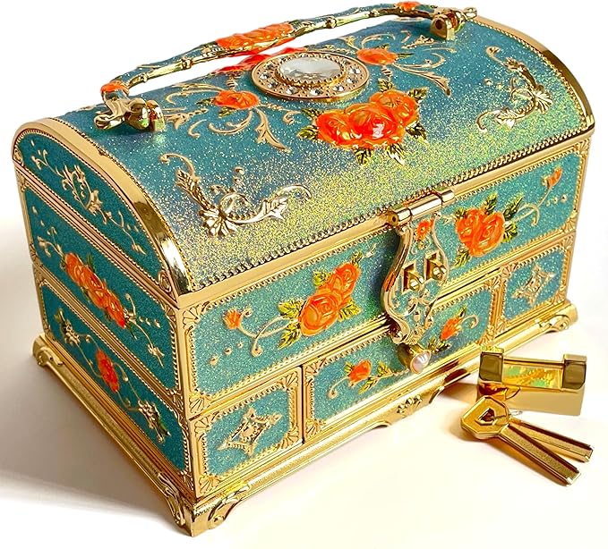 Retro Jewelry Box Arched Vintage Rectangular Metal Chest Necklace Ring Earrings Storage Case for Women Girls (Golden Starlight Blue-purple, XL Lock)