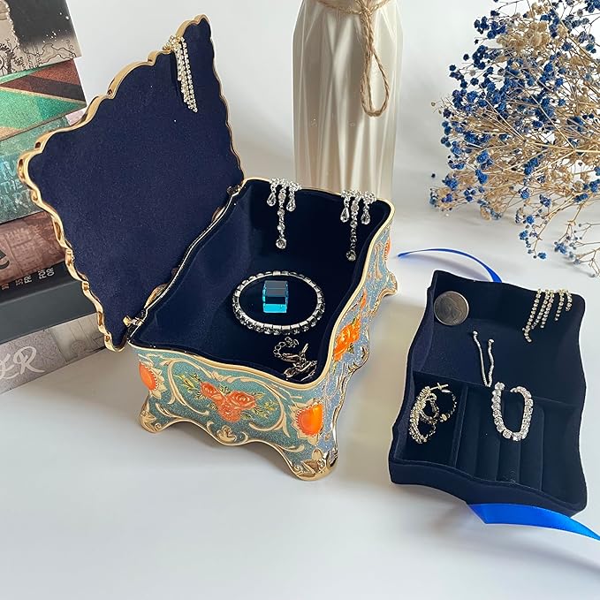 Truewon Jewelry Chest Rose Pastoral Style Metal Box Trinket Vintage Trinket Gemstone Storage Tray Treasure Souvenir Gift Case for Girls Women (Golden Starshine Bluish Violet, Large)