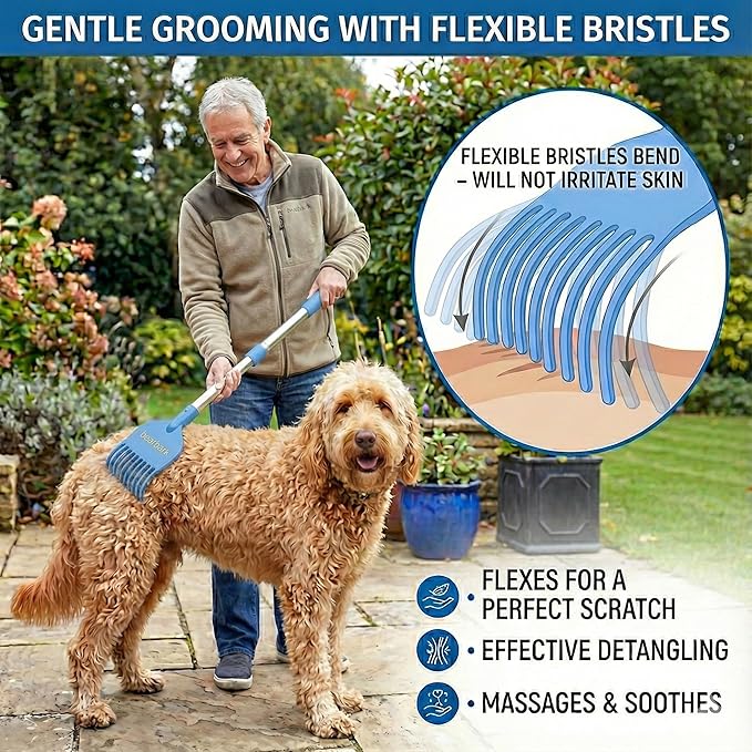 Bearbark Extendable Dog Scratcher (23"-31") - Long Reach Handle to Save Your Back - Gentle Grooming Brush for Medium & Large Dogs - Great Gift for Pet Lovers