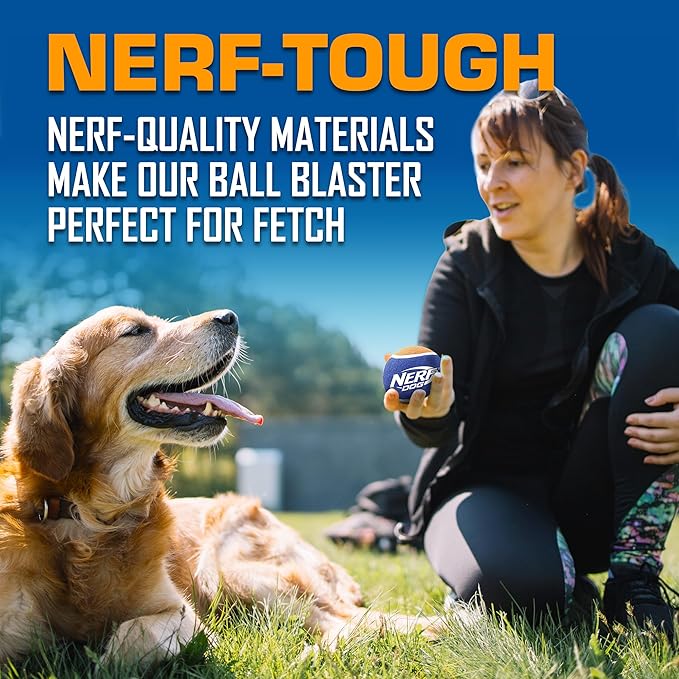 Nerf Dog Tennis Ball Blaster Dog Toy Gift Set, Tennis Ball Dog Fetch Toy Launches up to 50 ft, Dog Ball Thrower for All Breeds Includes Green Tennis Ball Launcher and 3 Dog Tennis Balls