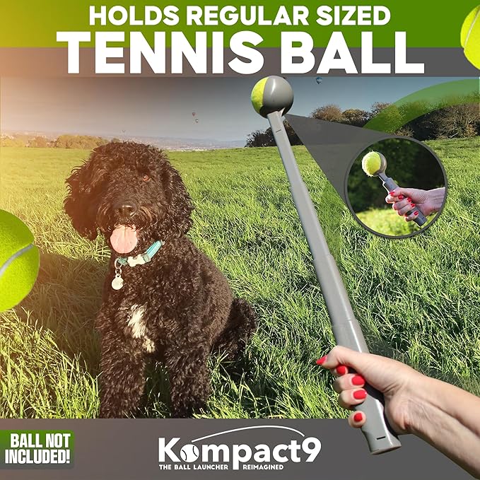 Kompact9 | Retractable Pocket-Sized Ball Launcher, Eco-Friendly & Portable Dog Fetch Toy, Made from Recycled Plastic, UK Designed, Fits Standard Tennis Balls Perfect Dog Exercise Equipment | Silver