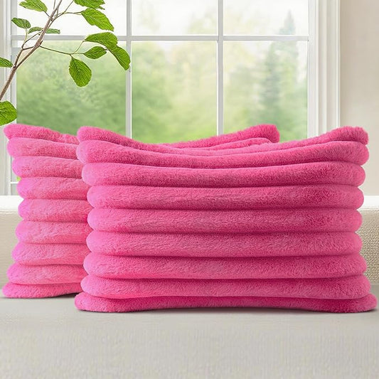 decorUhome Faux Fur Spring Throw Pillow Covers 12x20 Set of 2, Decorative Soft Plush Striped Lumbar Neutral Couch Pillow Covers with Velvet Back for Sofa, Bed, Living Room Home, Hot Pink