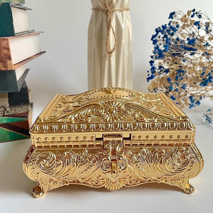 SIWOT Rectangular Classical Patterned Jewelry Box,Metal Retro European Scroll Design Treasure Storage Chest Case for Girls Women (Golden, Large)