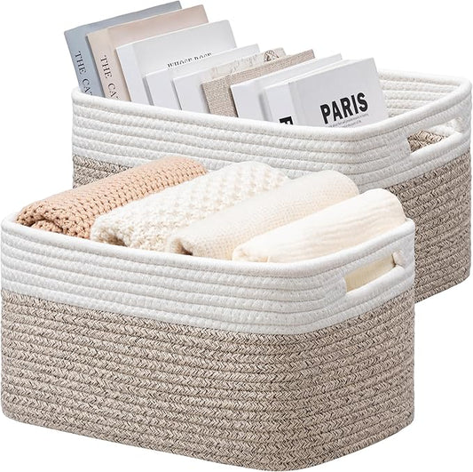 UBBCARE 2 Pack Storage Basket for Shelves, Woven Baskets for Organizing, Durable Organizer Baskets Storage Bins for Bookshelf, Toys, Towels, Clothes, 13''Lx9''Wx7.5''H, White&Light Brown