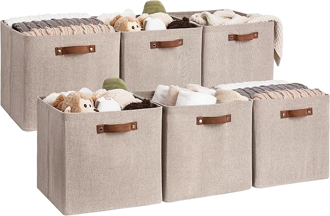 StorageWorks 13x13 Inches Storage Cube, Fabric Storage Bins with PU Handles, Collapsible Organizer Baskets for Closet, Brown and Beige, 6-Pack