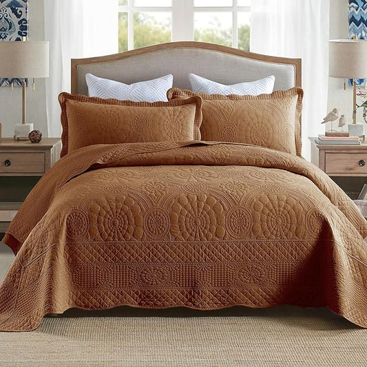 MarCielo 3-Piece 100% Cotton Oversized Bedspread Lightweight Quilt Coverlet Embroidery Farmhouse Bedding Set (Tf Dusty Orange, Oversized King (118"x106"))