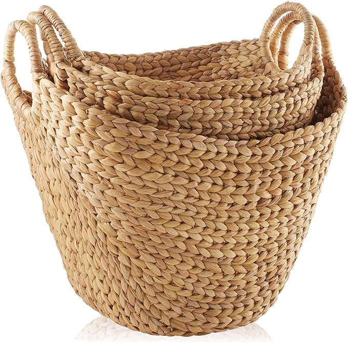 Casafield Set of 3 Multipurpose Boat Baskets with Handles - Natural, Woven Water Hyacinth Storage Organizers for Throw Blankets, Bedroom, Living Room, Laundry