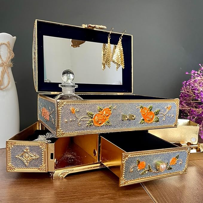 Retro Jewelry Box Arched Vintage Rectangular Metal Chest Necklace Ring Earrings Storage Case for Women Girls (Golden Starlight Blue-purple, XL Lock)