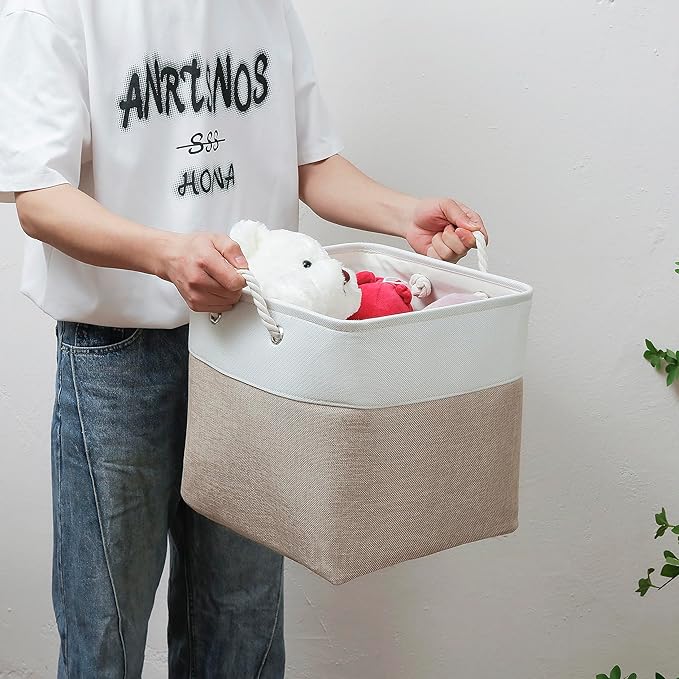 13 x 13 Inch Cube Storage Bins, 4 Pack Large Collapsible Fabric Storage Bin with Ropes, Foldable Storage Cubes for Home, Office,Closet, Clothes, Toys Organizer (White & Beige)