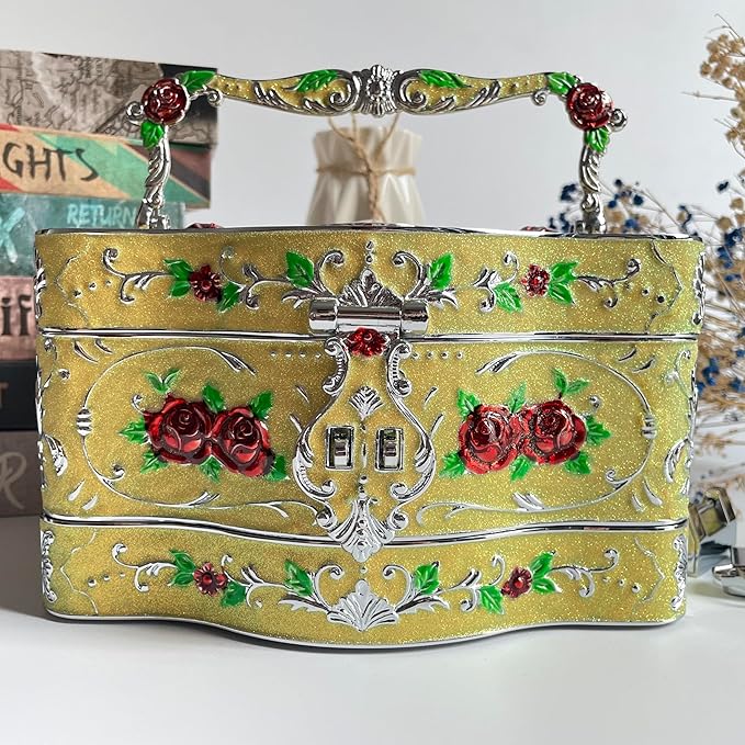 Truewon Jewelry Chest Rose Pastoral Style Metal Box Trinket Vintage Trinket Gemstone Storage Tray Treasure Souvenir Gift Case for Girls Women (Chrome Starshine Yellow, Double Extra Large Hand-held)