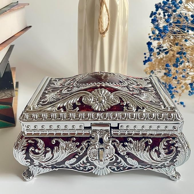 SIWOT Rectangular Classical Patterned Jewelry Box,Metal Retro European Scroll Design Treasure Storage Chest Case for Girls Women (Chrome Red, Large)