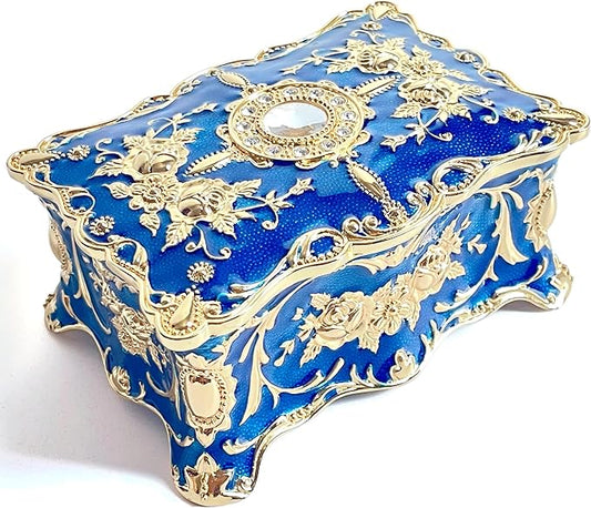 Truewon Jewelry Chest Rose Pastoral Style Metal Box Trinket Vintage Trinket Gemstone Storage Tray Treasure Souvenir Gift Case for Girls Women (Golden Blue, Large)
