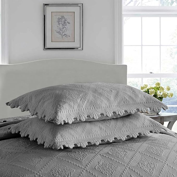 MarCielo 3-Piece 100% Cotton Oversized Bedspread Lightweight Quilt Coverlet Embroidery Farmhouse Bedding Set (Tk Light Grey, Oversized King (118"x106"))