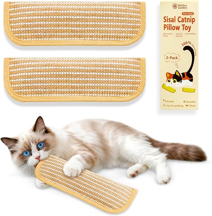 Sisal Catnip Pillow Toy Kickers, 2 Pack Interactive Catnip Toys with Organic 8000mg Herbal Blend for Indoor Scratching, Chewing & Teething, Fun for Kittens and Adult Cats