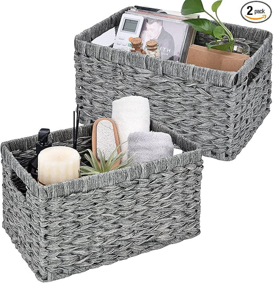GRANNY SAYS Wicker Baskets with Handles - Gray Storage Baskets (2-Pack) for Organizing Cabinet, Coffee Table