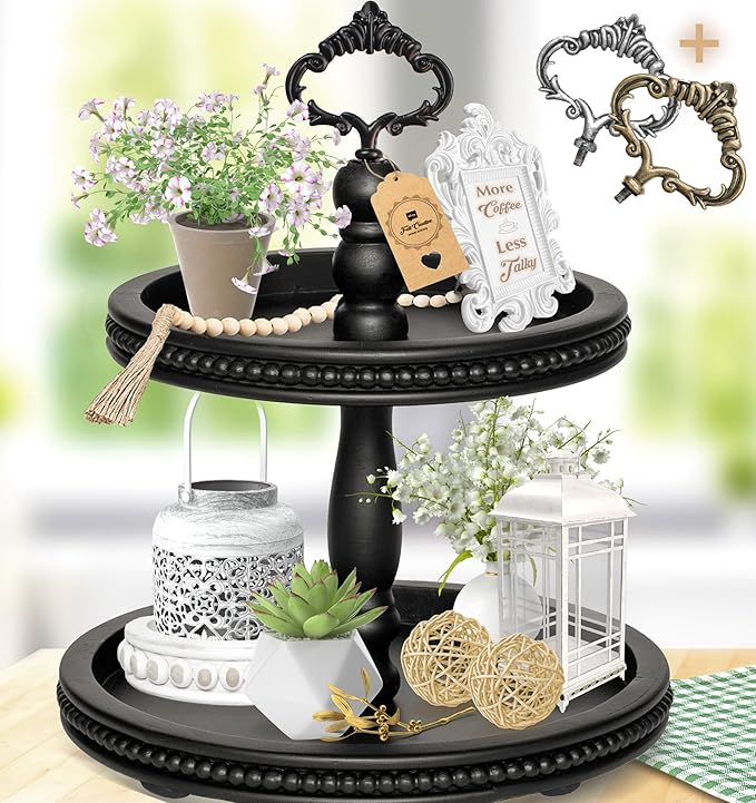2 Tiered Tray Wooden Serving Stand by Felt Creative Home Goods. Small Beaded Tray for Home Decor Display Farmhouse Country Decoration Kitchen or Dining. Includes 3 Finial Custom Handles (Black)