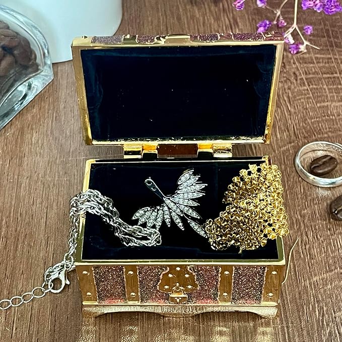 Retro Jewelry Box Arched Vintage Rectangular Metal Chest Necklace Ring Earrings Storage Case for Women Girls (Golden Starlight Red, S)