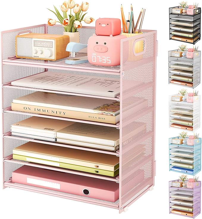Subekyu 6 Tier Office File Paper Desk Tray Organizer with Handle, Stackable Slide Mesh Letter Tray Folder Pink Desk Organizer, Desktop Document Sorter for Classroom, Office, Home Supplies Storage