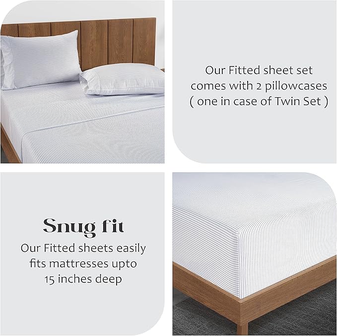 LANE LINEN Full Fitted Sheet, 100% Organic Cotton, 3-Piece Set (1 Fitted Sheet,2 Pillowcases), Percale Weave, Full Bed Bottom Sheet, Soft, Fits Mattress Upto 15" Deep -Ticking Stripe(No Flat Sheet)
