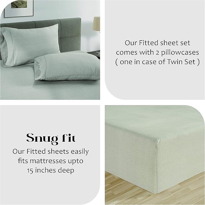 LANE LINEN Fitted Sheet Full Size, 100% Organic Cotton, 3-Piece Set (1 Fitted Sheet, 2 Pillowcases) Percale Weave, Breathable, Fits Mattress Upto 15" Deep - Grey(White Dot)(No Flat Sheet)