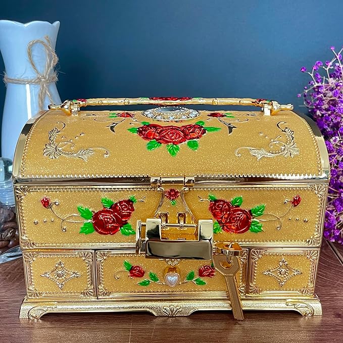 Retro Jewelry Box Arched Vintage Rectangular Metal Chest Necklace Ring Earrings Storage Case for Women Girls (Golden Starlight Yellow, XL Lock)