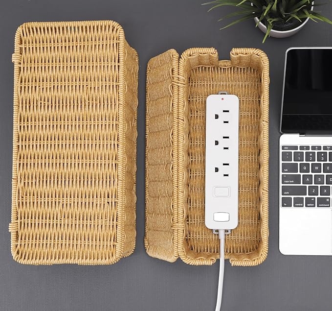 2Pack Large Cable Management Box, Handwoven Imitation Rattan Cord Organizer Cord Hider Box, Cable Organizer Box for Desk, Cord Management Box to Hide Cords and Power Strips