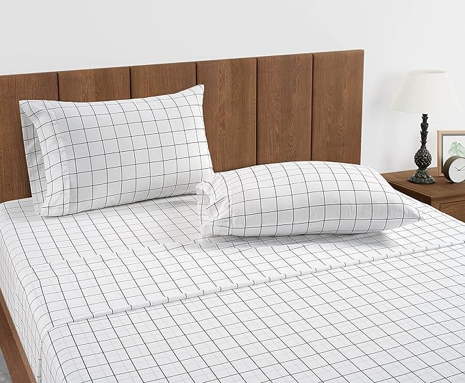 LANE LINEN Fitted Sheet King Size, 100% Organic Cotton, 3-Piece Set (1 Fitted Sheet,2 Pillowcases), Percale Weave, Ultra Soft, Breathable,Fits Mattress Upto 15" Deep - Windowpane(No Flat Sheet)