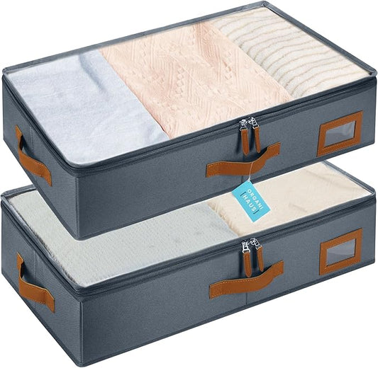 OrganiHaus Under Bed Storage Containers, Bedroom Storage and Organization Bins, Clothes Organizer for Closet with Clear Cover and Reinforced Handles - Set of 2 23.5x12.5x5 inches Gray