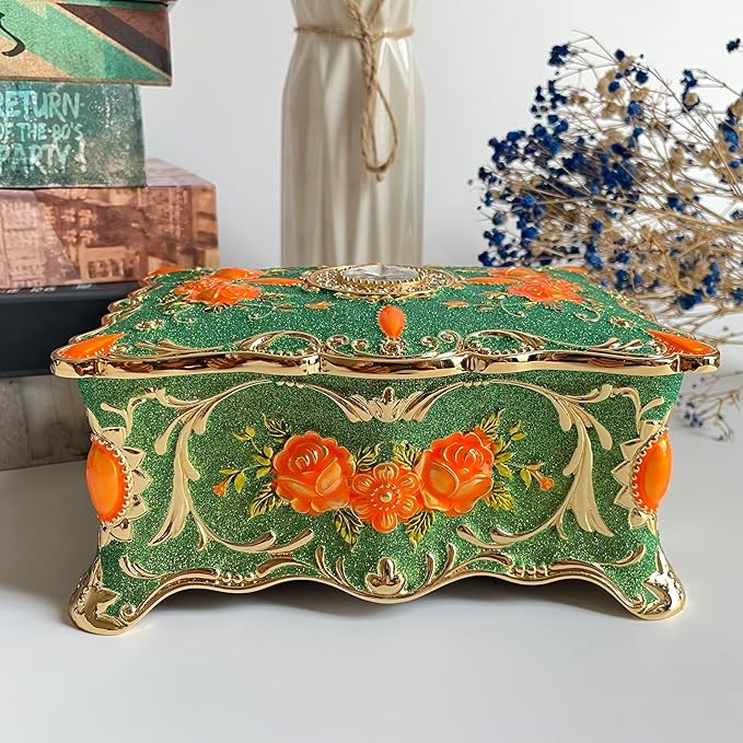 Truewon Jewelry Chest Rose Pastoral Style Metal Box Trinket Vintage Trinket Gemstone Storage Tray Treasure Souvenir Gift Case for Girls Women (Golden Starshine Green, Large)