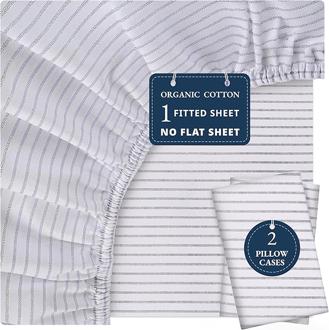 LANE LINEN Full Fitted Sheet, 100% Organic Cotton, 3-Piece Set (1 Fitted Sheet,2 Pillowcases), Percale Weave, Full Bed Bottom Sheet, Soft, Fits Mattress Upto 15" Deep -Ticking Stripe(No Flat Sheet)