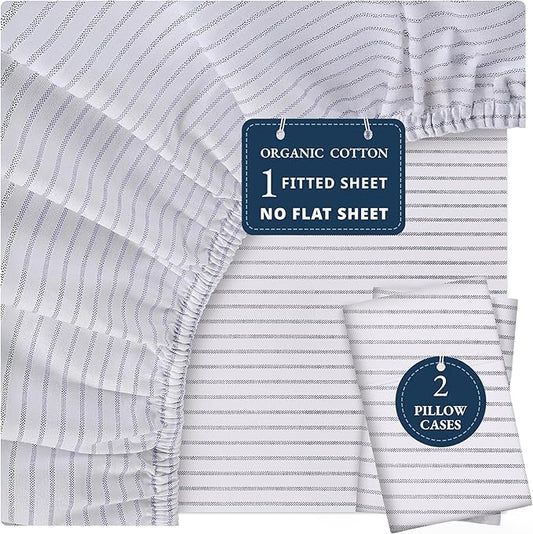 LANE LINEN Full Fitted Sheet, 100% Organic Cotton, 3-Piece Set (1 Fitted Sheet,2 Pillowcases), Percale Weave, Full Bed Bottom Sheet, Soft, Fits Mattress Upto 15" Deep -Ticking Stripe(No Flat Sheet)