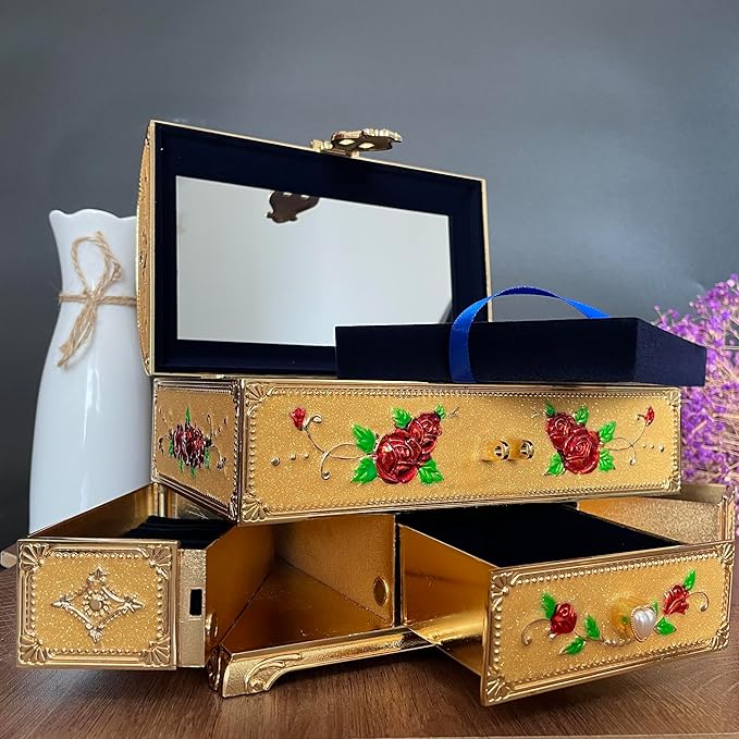 Retro Jewelry Box Arched Vintage Rectangular Metal Chest Necklace Ring Earrings Storage Case for Women Girls (Golden Starlight Yellow, XL Lock)