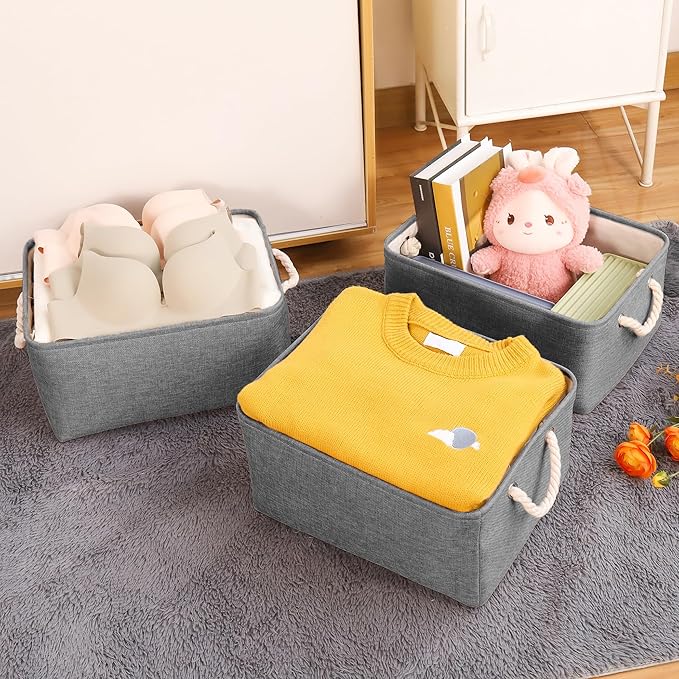 Storage Bins with Sturdy Cotton Handles(1 Pack), Fabric Storage Baskets for Organizing use for Office & Home, Book, Clothes, Toys, Closet Boxes (Small, Grey, 12.2x8.3x6.3 inches)