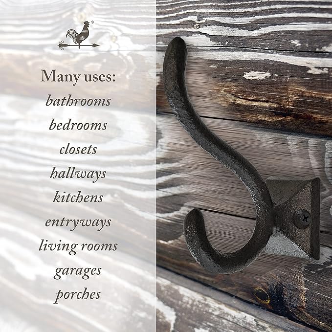 Rustic Wall Hooks for Hanging (5 Pack) Cast Iron Black Coat Hooks Wall Mounted - Farmhouse Decor Square Base Hooks for Coats, Bags, Hats, Towels (Black Hooks)