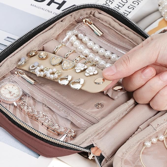 NISHEL Travel Jewelry Case, Holiday Organizer for Necklaces, Earrings, Rings, Bracelets, Watch,Small,Rosewood-Pink