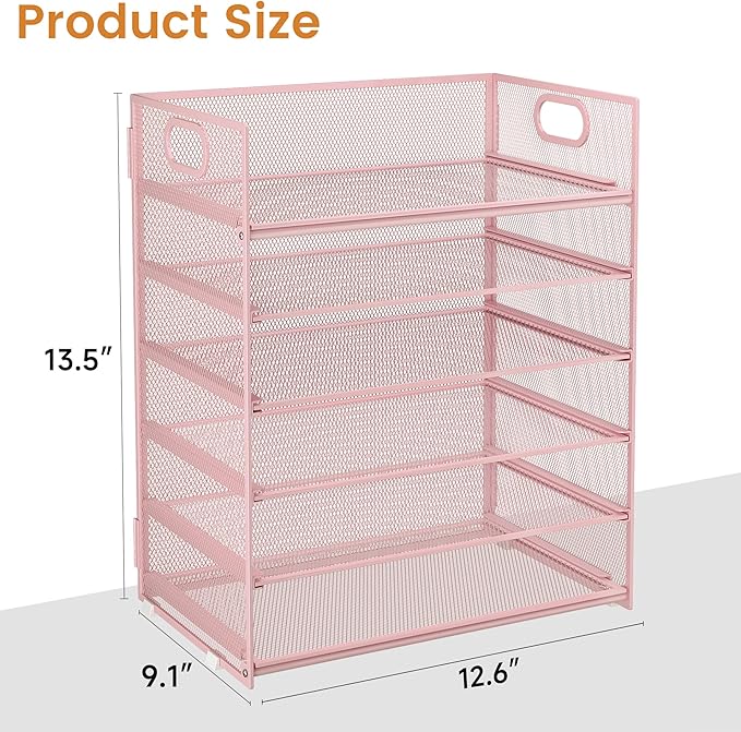 Subekyu 6 Tier Office File Paper Desk Tray Organizer with Handle, Stackable Slide Mesh Letter Tray Folder Pink Desk Organizer, Desktop Document Sorter for Classroom, Office, Home Supplies Storage